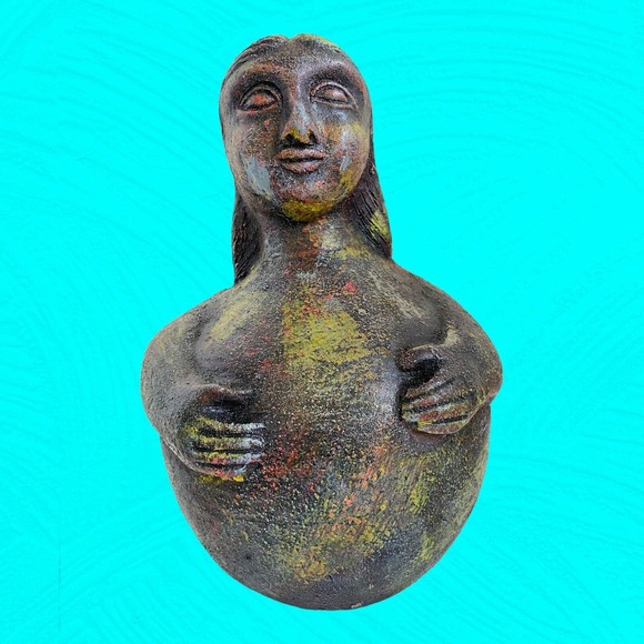 Vtg Peruvian Folk Art Pottery Figurine Chulucanas 10” Black Multicolor Overwash - Picture 11 of 11